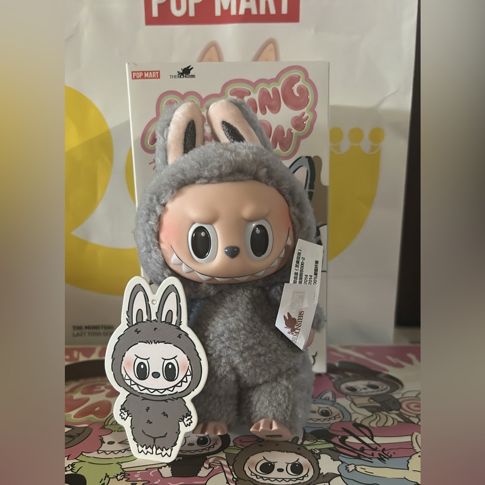 Labubu sesame Gray Stuffed Animal Toy - authentic box opened for display